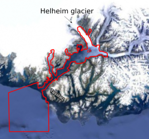 Sermilik Fjord and Helheim glacier satellite image overlaid with the computational domain contour extracted from GSHHS coastline dataset